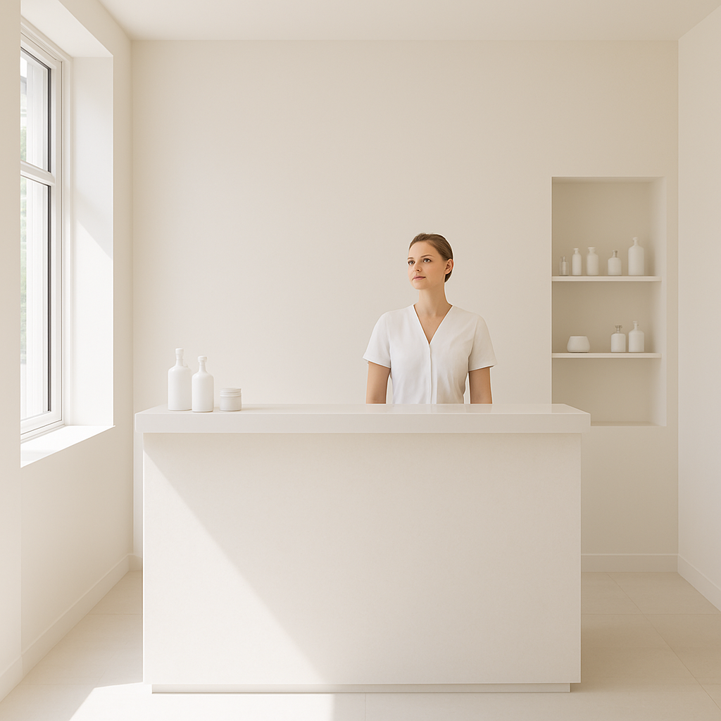 Minimalist bright skincare clinic reception area with clean clinical luxury design and natural window lighting