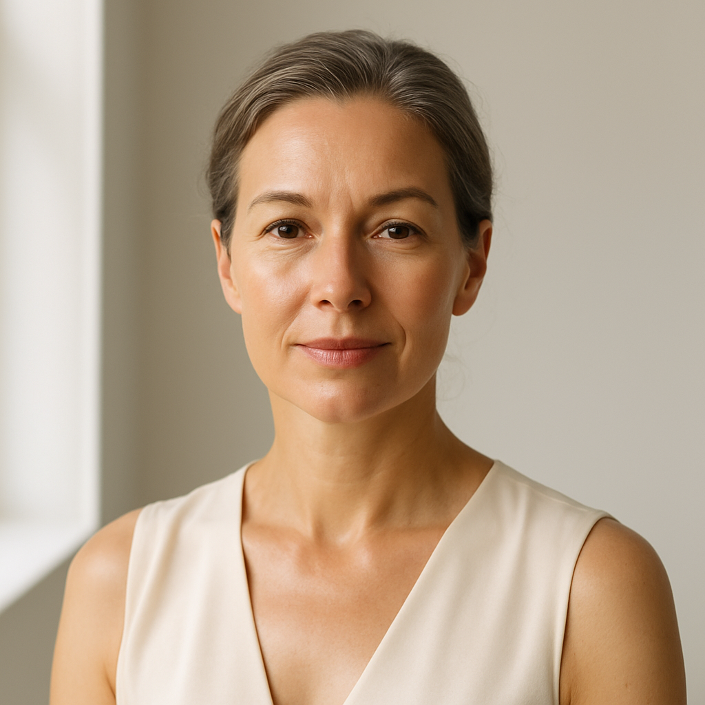 Portrait of confident middle-aged woman with natural glowing skin in clean clinical environment with soft natural lighting