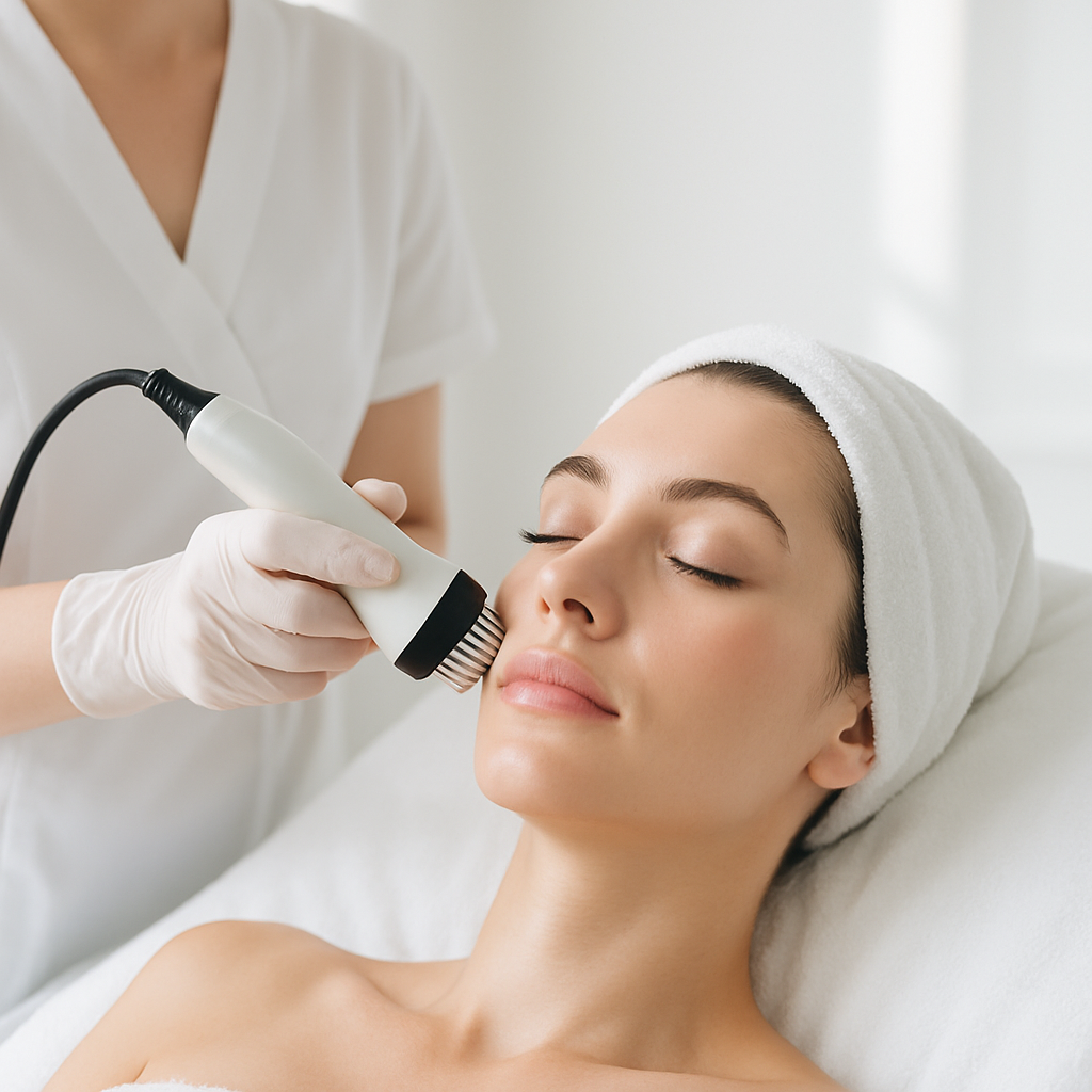Close-up of facial treatment with radiofrequency device in bright clinical skincare room with natural lighting