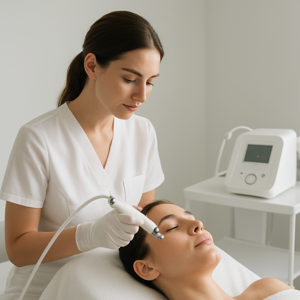 Precision aesthetic facial treatment using professional skincare device in a modern clinical treatment room with soft natural light