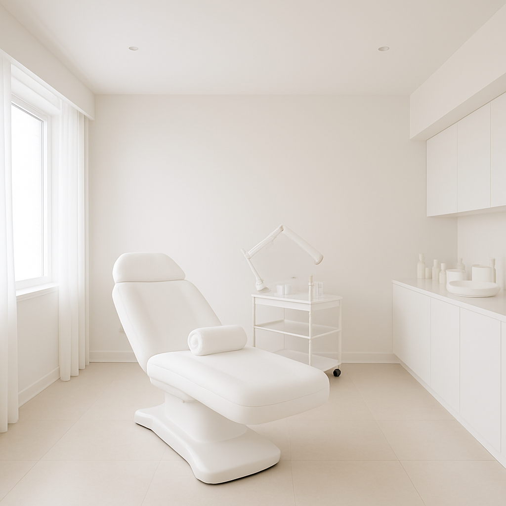 Bright modern clinical skincare clinic interior with minimal decor and soft natural window lighting