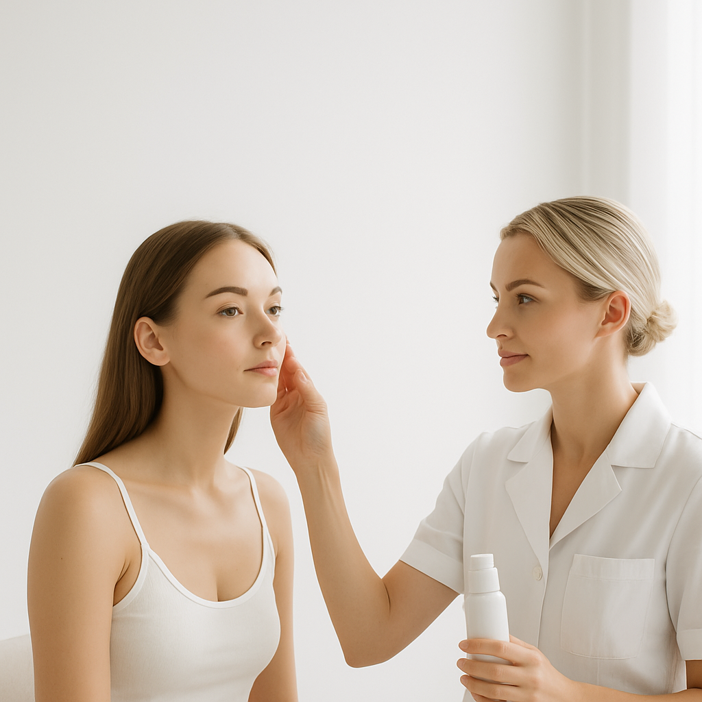 Happy woman consulting with skincare professional in bright clinical consultation room with natural lighting